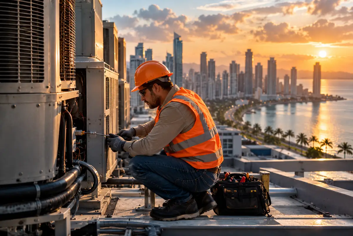 Ilustración de un técnico de HVAC al atardecer en Panamá: servicio de refrigeración y aire acondicionado de Frio Térmica Service