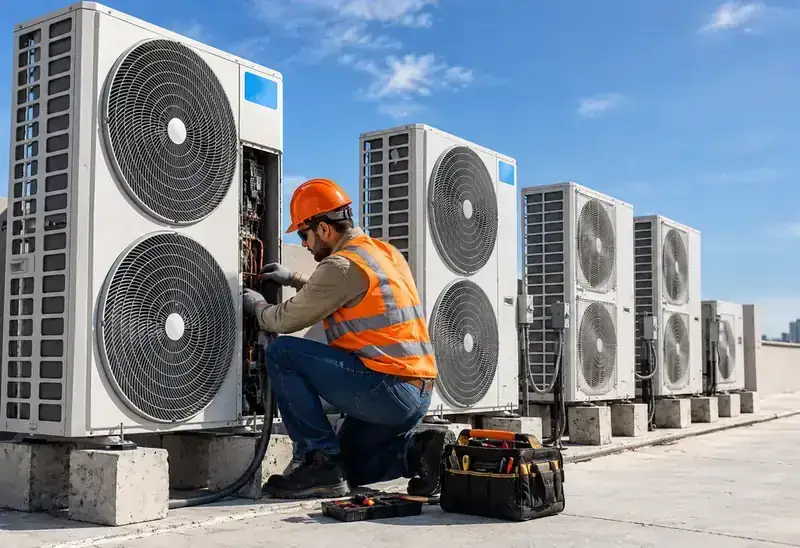 Ilustración de técnico de aire acondicionado en una azotea de Panamá